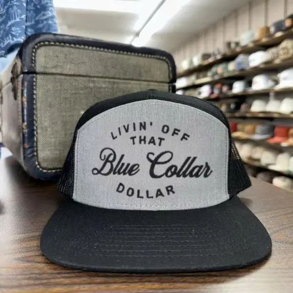 Livin' Off That Blue Collar Dollar Embroidered Trucker Hat | Black Snapback Cap | Outdoor Mesh Baseball Hat | Gift for Hardworking Men & Blue Collar Workers