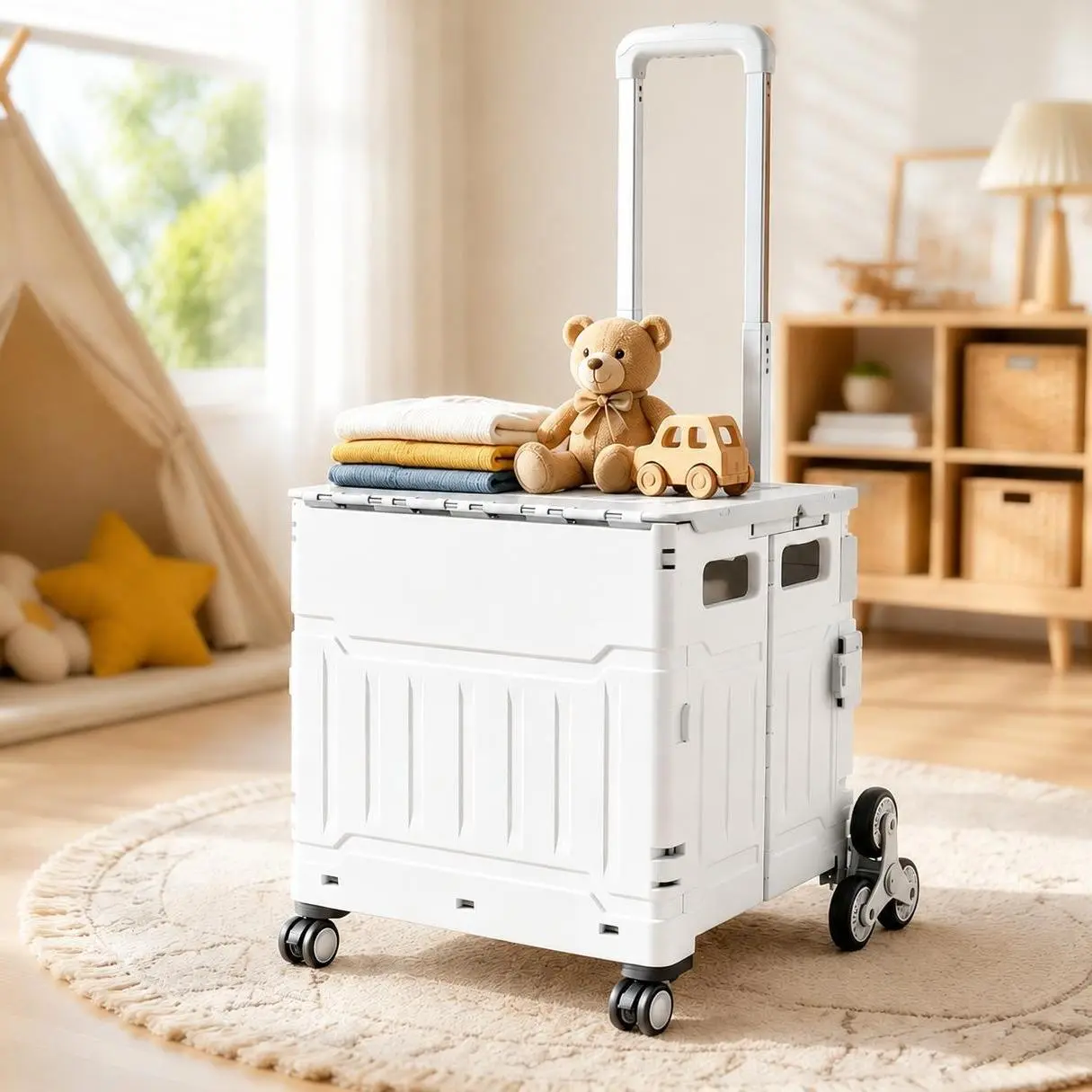 8 Stair Climbing Wheels Tote Cart, Heavy-Duty High Load Bearing, 75L Generous Inner Space, Telescopic Aluminum Handle, Waterproof Cover, Compact Mobile Container, Portable & Foldable Design for Groceries, Car Trunk Storage, Outdoor Activities