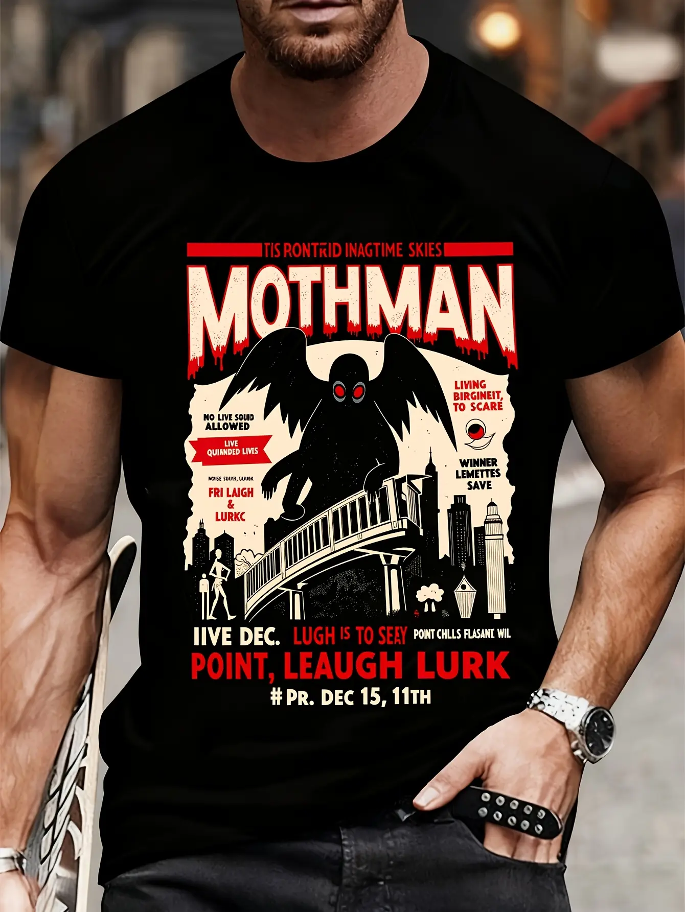 Men'S Graphic T-Shirt - Mothman Design Crew Neck S unisex soft cotton short sleeve t shirt, vintage graphic casual tee for men women teens, perfect birthday holiday gift for camping travel gym daily street  wear