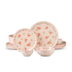 8/16/24 Pieces Gourmet Porcelain Dinnerware Sets, Premium Plates and Bowls Set, High-Fired Ceramic Dishes Set for 2/4/6, Microwave Dishwasher Safe, Pink Peach Blossom Pattern.