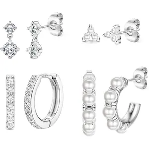 ZELORES Women's 4-Pair Hypoallergenic Hoop Earring Sets - Silver Posts, 14 Karat Gold-Plated Pearl Beads Hoops, Cartilage Studs, Silver Earring Stack for Multiple Piercings, Small Daily-Wear Costume Jewelry