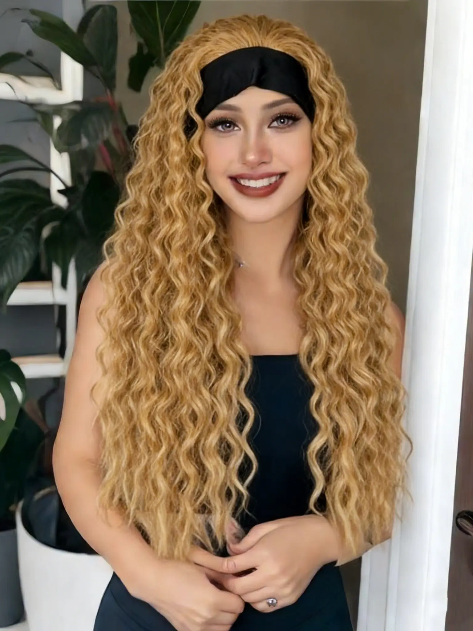Synthetic Soft Hair Headband Wig For Women Wet and Wavy Curly Wave Glueless No Glue Wig Heat Resistant 26 Inches Long Wig Daily Party Wear Headband Style Wig Synthetic Fiber Wigs Heat Friendly Wig