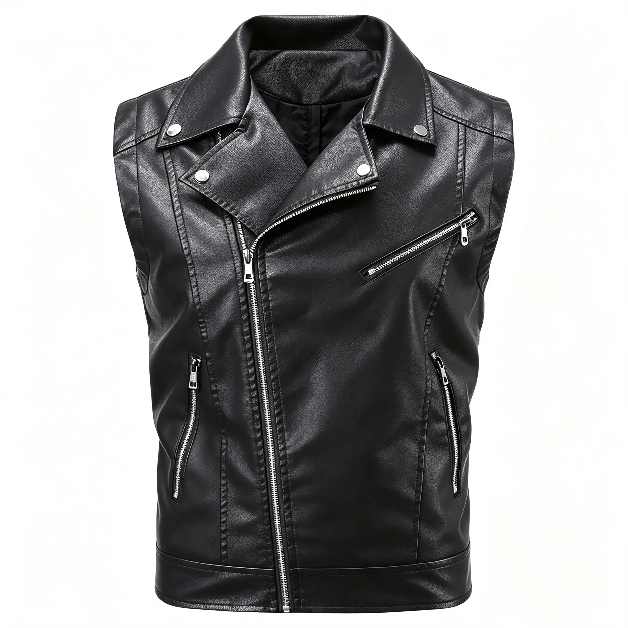 Men’s black leather vest with zipper pockets and a collar design, multi-pocket trendy windproof fashion vest jacket