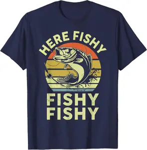 Men's Letter "Here-Fishy Bass Fish Toddler Men Funny Fisherman Fishing" Print Round Neck Tee, Regular Fit Casual Short Sleeve T-shirt For Summer, Men's Top For Daily Outdoor