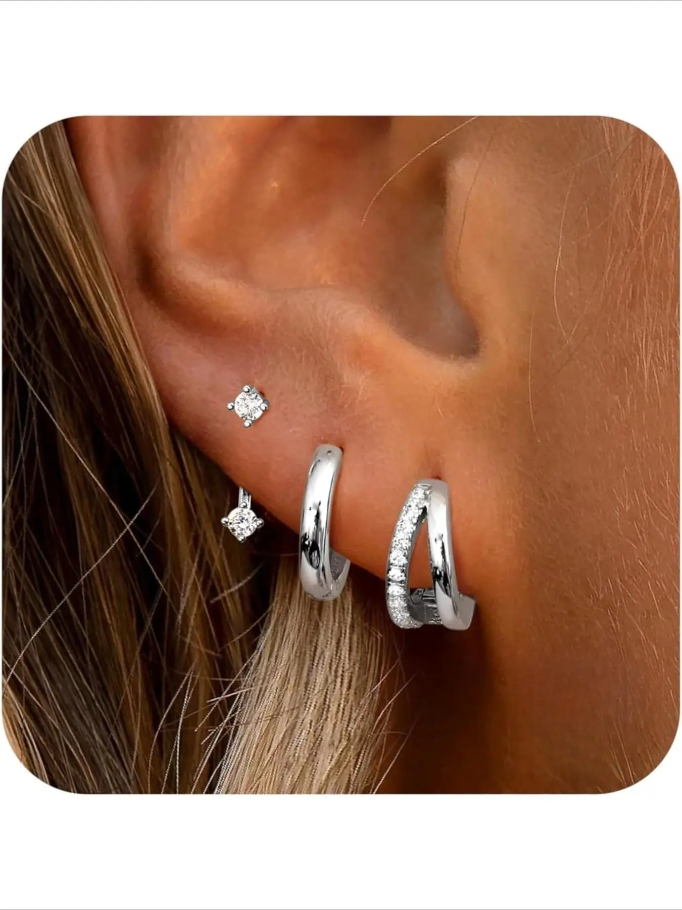 3 Pairs of Earrings Set for Women, Silver Color Studs, Stud Earrings Jewelry, Hoops, 925 Sterling Silver, Elegant Design, All Seasons, Earring Sets