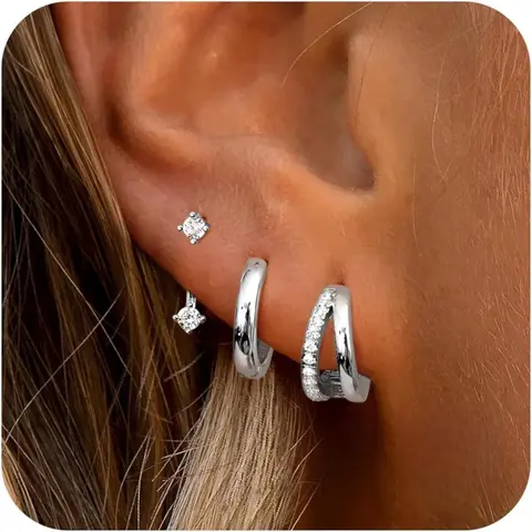 3 Pairs of Earrings Set for Women, Silver Color Studs, Stud Earrings Jewelry, Hoops, 925 Sterling Silver, Elegant Design, All Seasons, Earring Sets