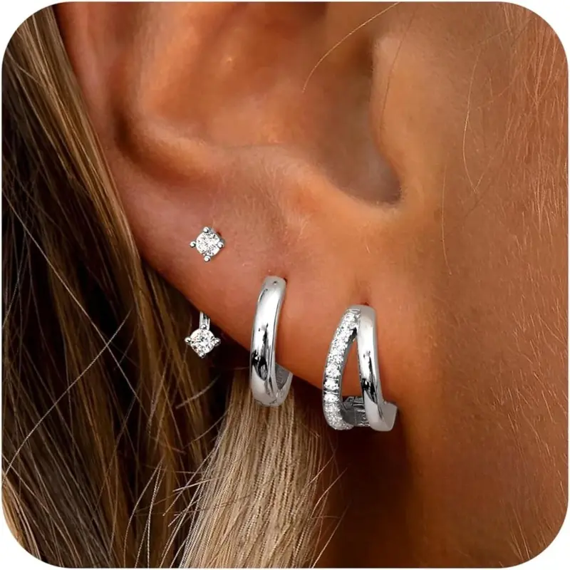 3 Pairs of Earrings Set for Women, Silver Color Studs, Stud Earrings Jewelry, Hoops, 925 Sterling Silver, Elegant Design, All Seasons, Earring Sets