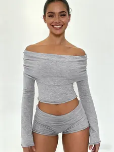 Stylish Women's Casual  Grey Two-Piece Set, One-Shoulder Long Sleeve T-Shirt & Flared Low-Waist Bodycon Shorts, Womenswear, Casual Loungewear Set