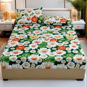 Colorful Daisy Pattern Bedding Set, Includes 1 Fitted Sheet and 2 Pillowcases, Polyester Material, Digital Print, All Seasons Use