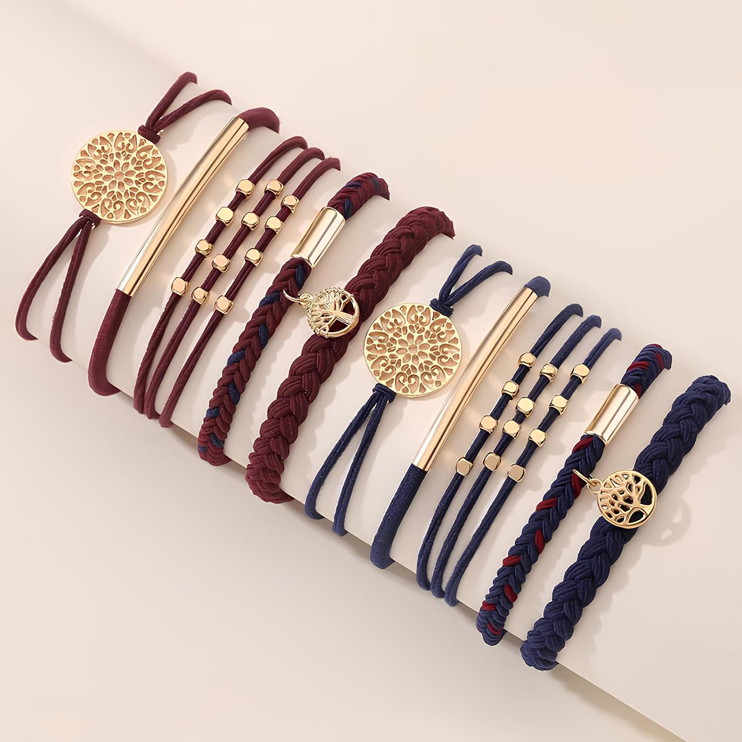 10 Boho Bracelets, Braided & Stretch Hair Ties for Thick/Thin Hair, 5 Styles, Light Coffee Colors - No Damage Ponytail Holders