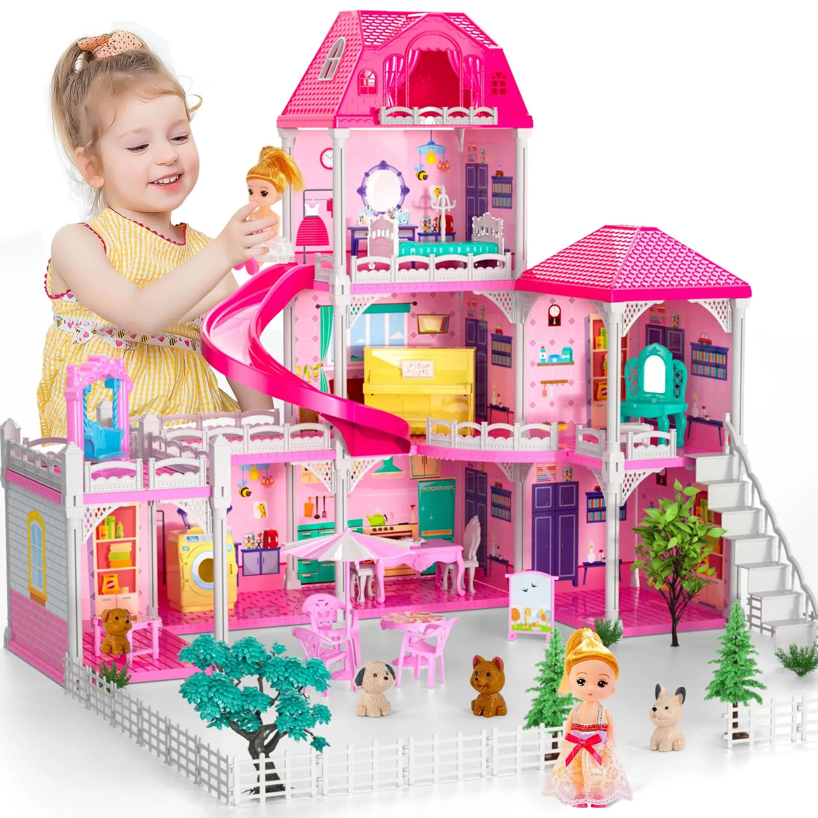 DIY Fantasy Doll Set, 3-Tier 7-Room Princess Playhouse with Pink ABS Plastic Miniature Furniture, 2 Princess Slide Accessories, Kids’ Gift