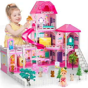 DIY Doll House, Fantasy Doll House Furniture Pink Toys, 3 Tier 7 Room Doll House with 2 Princess Slide Accessories, Toys House Gifts, Princess House