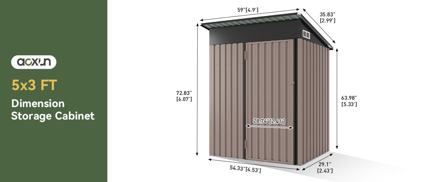 Aoxun 5x3 Waterproof Metal Outdoor Storage Shed, Lockable Doors, Adjustable Shelves, Floor Base, Sloping Roof, 54.33"w x 72.82"h x 29.1"d for Patio, Backyard, Water Resistant Aoxun 5x3 Waterproof Metal Outdoor Storage Shed, Lockable Doors, Adjustable Shelves, Floor Base, Sloping Roof, 54.33"w x 72.82"h x 29.1"d for Patio, Backyard, Water Resistant
