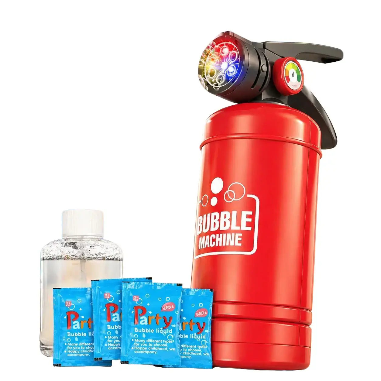Automatic Bubble Machine Toy for Kids, Fire Extinguisher Style Bubble Blower with Colorful LED Lights, 6-Hole Bubble Maker with Bubble Solution for Outdoor Summer Play