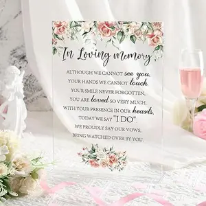 Wedding Memorial Sign In Loving Memory Wedding Sign 8.3 x 11 Inch Wedding Decor Acrylic Memorial Gifts Sign with Stand Rustic for Reception Funeral Memorial Loss Wedding Decor (Flowers)