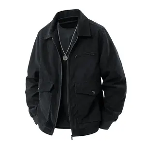 Men's Black Stand Collar Zip-Up Jacket with Front Pockets - Modern Casual Style Medium Size