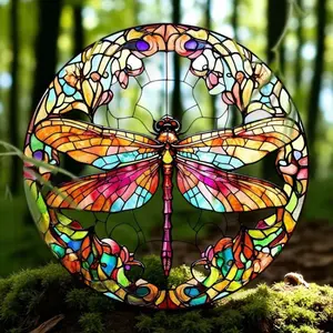 8" Round Lightweight Waterproof Hangable Dragonfly Suncatcher, Colorful Acrylic 2D Flat Stained Glass Artwork, Floral Window & Room Decor, Garden Hanging Ornament, Ideal Gift for Home
