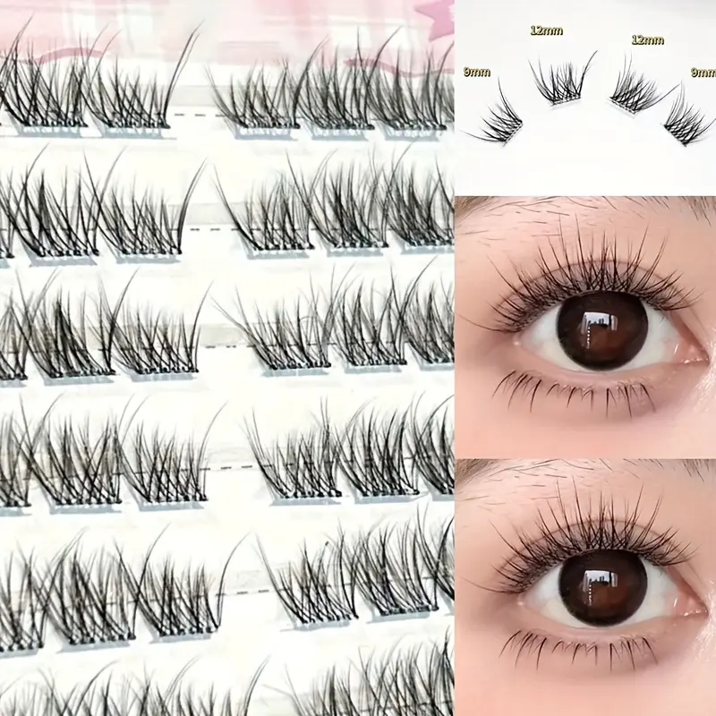 MIXIAOHE's Crescent Spring Fluffy Non Glue False Eyelash, Fake Eyelashes 48 Clusters Single Cluster DIY Non Unload C Curling Natural Realistic Comes with Adhesive Strip Eyelash for Beginners, Length 10mm-13mm Glueless Lashes Clusters