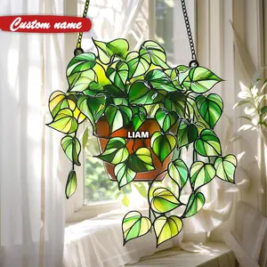 Hanging Plant Faux Stained Glass Acrylic Suncatcher  | Green Leaf Window Decor | Boho Home Decor Gift