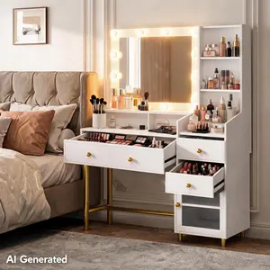 VIAGDO Lighted Wood-Metal Stylish Modern Glass-Top Makeup Vanity Table Set - LED Functional Dressing Table with Mirror, Charging Station, Unique Separation Design, Ideal for Room Decor, Mother's Day Gifts, Stylish Makeup Vanities, Lighted Dressing Tables