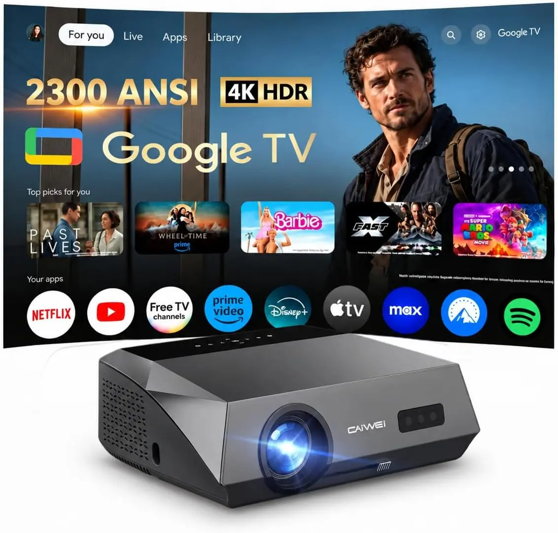4K Smart Daytime LED Projector with Google TV, WiFi, Bluetooth, 2300ANSI Lumens, Dolby Audio, HDR10, Auto Focus, Auto Keystone, HDMI ARC 2.1 CEC, Native 1080P, Zoom, Voice Remote, Mobile Connection, Screen Compatibility for Home Theater, Sports, Office, A