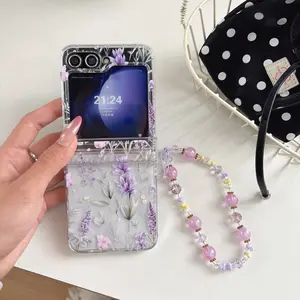Lavender & 3D Pink Flower Foldable Phone Case with Pink-Purple Beaded Chain compatible with Samsung Galaxy Z Flip3/4/5/6/7/7 FE/W24 Flip, Gentle Forest Style Protective Cover