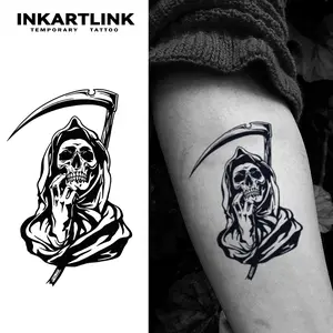 INKARTLINK Tattoo Tech,Skull Series, 2 Sheets Medium Semi Permanent Tattoo, Adult Art Design Temporary Tattoos, Lasts 1-2 Weeks, Waterproof, Realistic Look, No Adhesive, No Reflection (Grim Reaper Design)