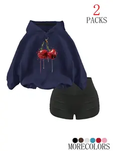Women's Fashion Hooded Sweatshirt Set, Cherry Print Drawstring Pullover, Casual Fall & Winter Wear, Pocket Design, 2 Piece