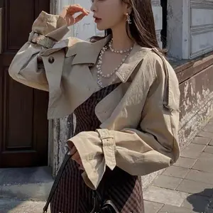 Khaki Cropped Trench Jacket - Modern & Structured Outerwear with Double-Breasted Front, Belted Cuffs, and Epaulettes - Stylish Beige Coat for Women - Style, Womenswear, Tops, Piece, Coats, Love, Twist, Button, Adjustable