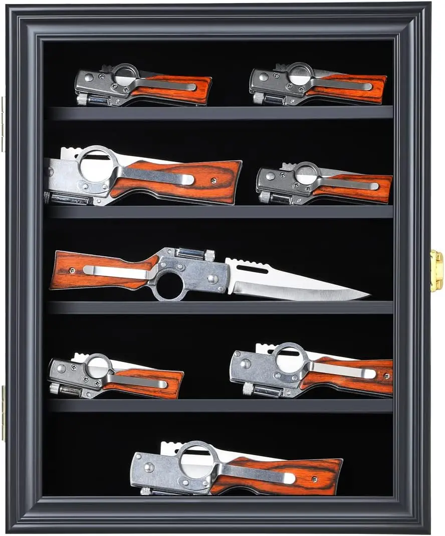 Jinchuan Knife Display Case - Pocket Knife Stand for Collections - Military Folding Knife Shadow Box Wall Cabinet with Uv Protection Acrylic Lockable,Small Black