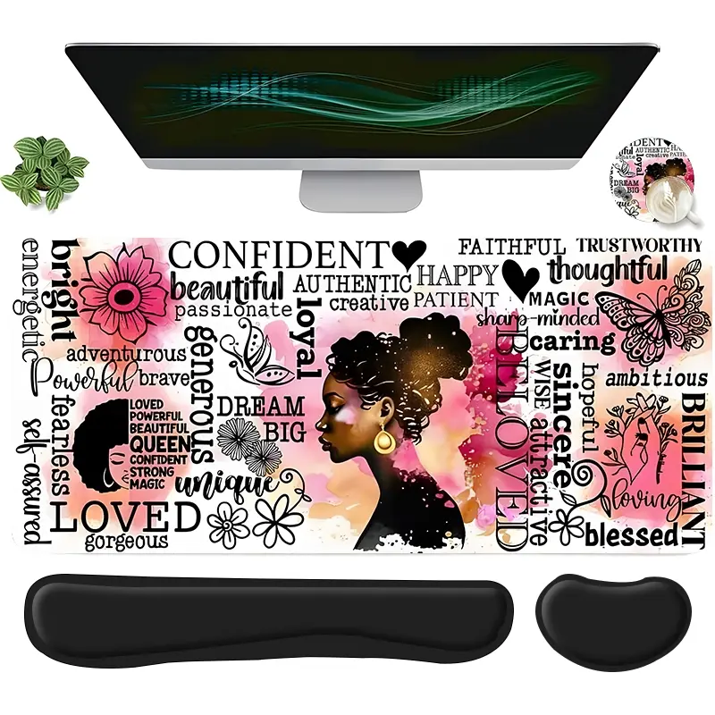 4pcs African American Motivational Design Mouse Pad and Keyboard Wrist Rest + Ergonomic Mouse Pad + Coaster Set For Desktop Decoration, Office Accessories Set Ergonomic Wrist Support, Computer Mat Mouse Pad Coaster Suitable For Home, Gaming Mouse Pads