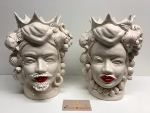 Moor's Heads Pointed Crown Caltagirone Ceramic cm H.28 L.20 Artisan White Red Lips