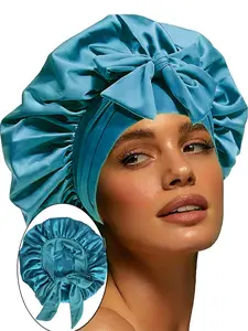 Silk Bonnet, Soft Hair Bonnet for Sleeping, Frizz, Real Mulberry Silk Lining, Bonnets for Women Hair Care, Double Layer Hair Cap with Tie, Large Silk Hair Wrap for Curly Long Hair, Adjustable