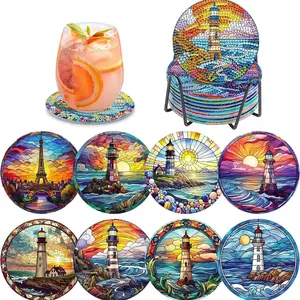 8-Piece Diamond Painting Coaster Set Landscape Pattern (with Stand), DIY Art Craft Kit for Beginners, Home Decor Gift