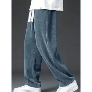 Men's Camo Print / Solid Drawstring Waist Corduroy Pants, Loose Casual Comfy Elastic Waist Straight Leg Trousers for Spring & Fall, Men Bottoms for Daily Wear