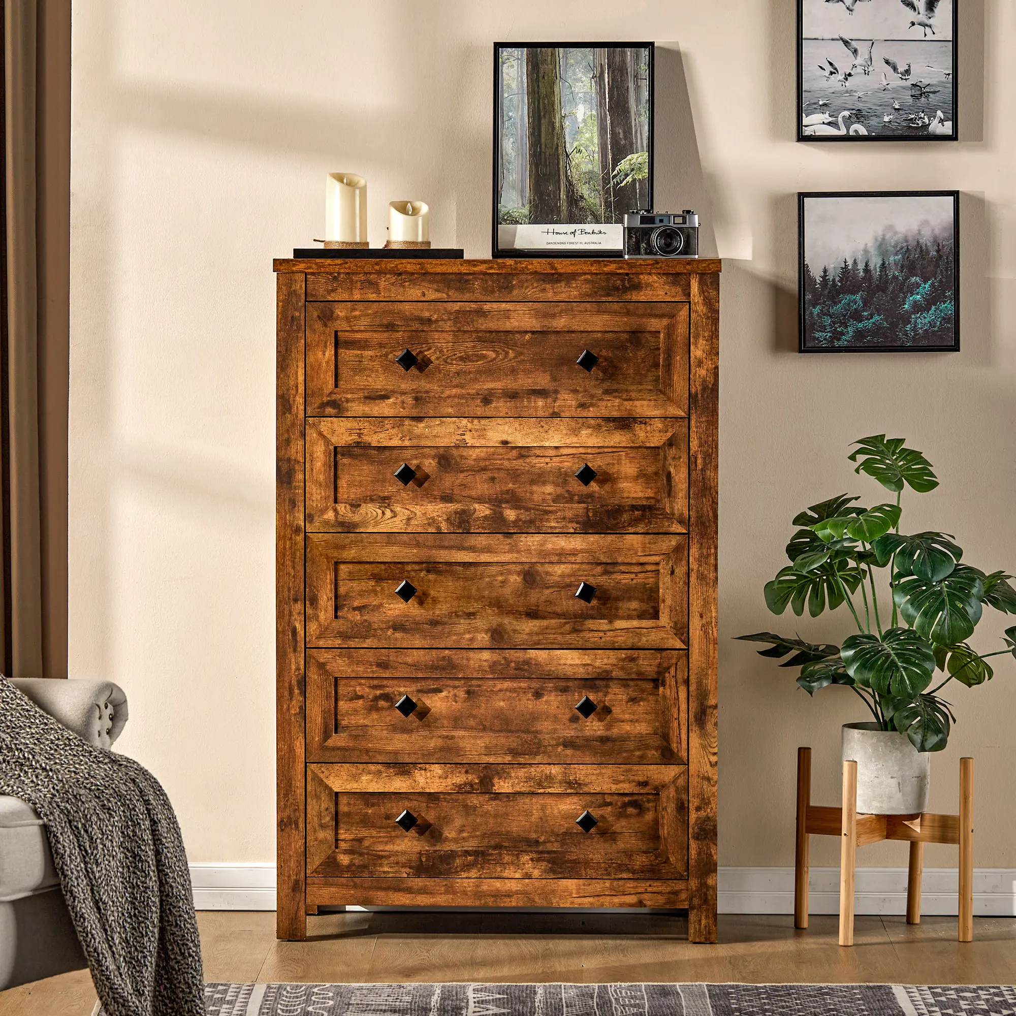 [SummerSale] AMERLIFE 5 Drawers Dresser for Bedroom, Tall Chest of Drawers with Vintage Grain Texture, Farmhouse Wood Dresser for Bedroom, Living Room, Hallway
