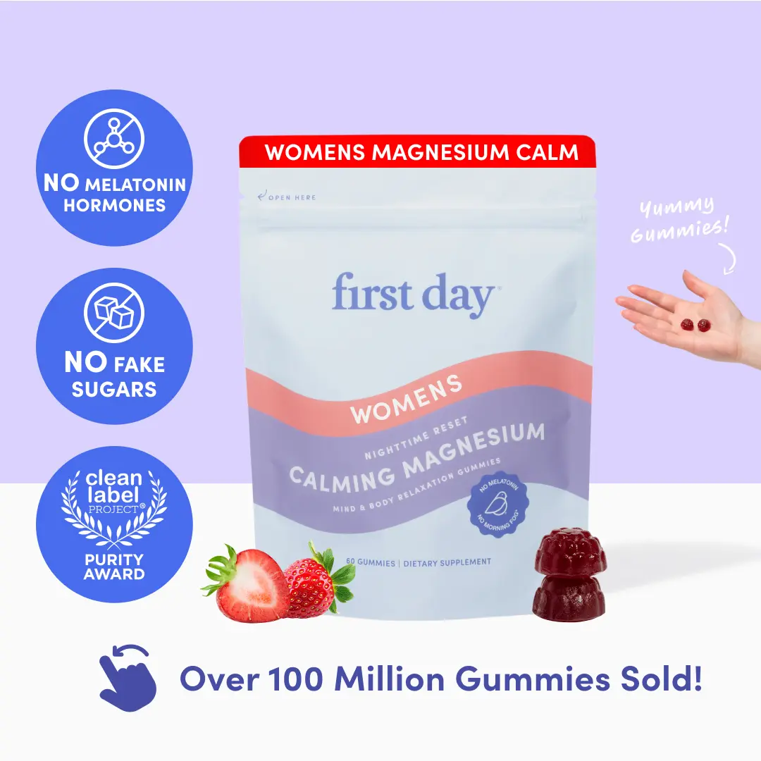 First Day Women's Calming Magnesium Gummies 18+, Natural Strawberry Flavor — Magnesium Citrate, Suntheanine, Zembrin — Relaxation, Restful Sleep, Stress Relief, Mood Support — No Melatonin, 30-Day Supply, Vegan, Non-GMO, No Junk