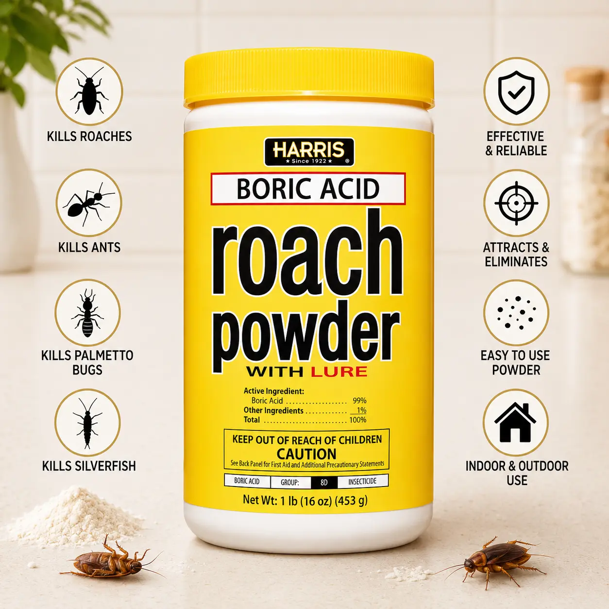 Harris Boric Acid Roach Killer Powder with Lure, 16oz German Cockroach Gel Bait Insecticide