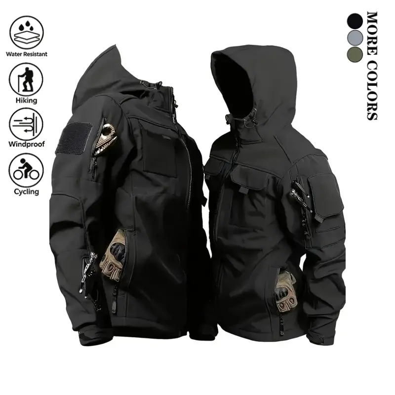 Men’s Tactical Fleece-Lined Hooded Jacket - Menswear Tops, Windproof Zip-Up Workwear Coat with Multifunctional Pockets, Warm for Mountaineering, Hiking, Casual Wear