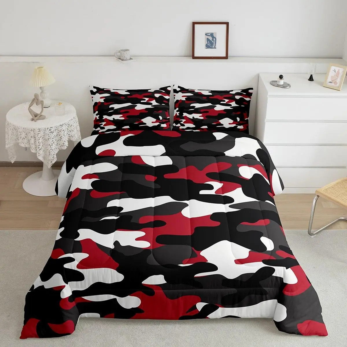 Kids Boys Camo Comforter Set,Army Camouflage Down Comforter for Teens,Black White Militarily Bedding Set,Abstract Art Colorful Quilted Duvet