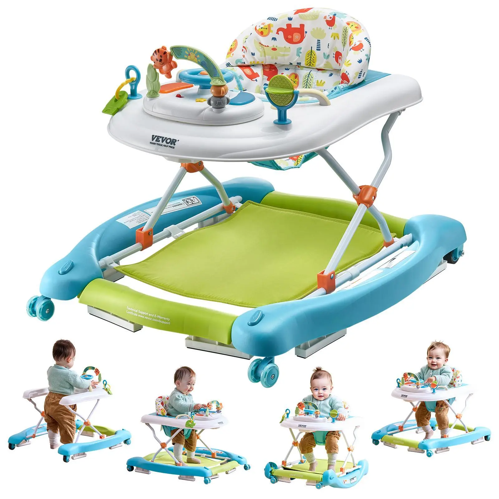 【FathersDayGift】VEVOR 4-in-1 Baby Walker,  Foldable Baby Activity Center on Wheels, 3 Adjustable Height, Music & Toys Tray, Learning-Seated | Walk-Behind | Rocker | Bouncer Toddler Walker for Girls Boys 6-24 Months