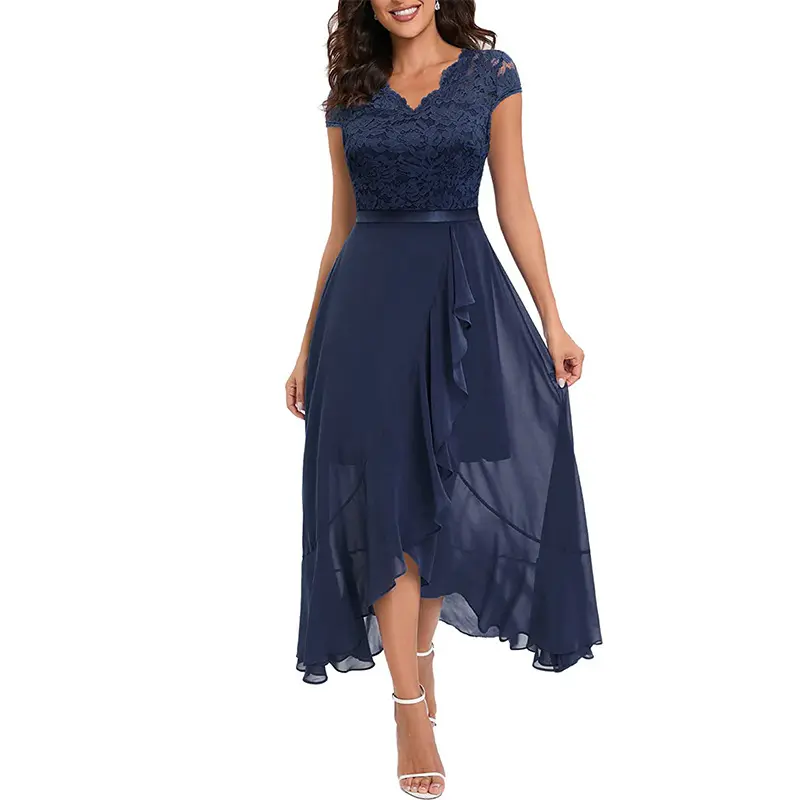 Women's Elegant Vintage Floral Lace Chiffon Ruffled Bridesmaid Dress - V-neck, Short-sleeved, Lacy, Patterned, Party Dress for Women, Ideal for Weddings, Parties, Lacy Bridesmaid Dresses Style Elegance Womenswear Fabric