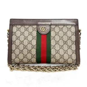 Pre-owned GUCCI Ophidia Collection GG Monogram Crossbody Bag with Web Stripe & Double G Emblem Light Gold Hardware Green Lining