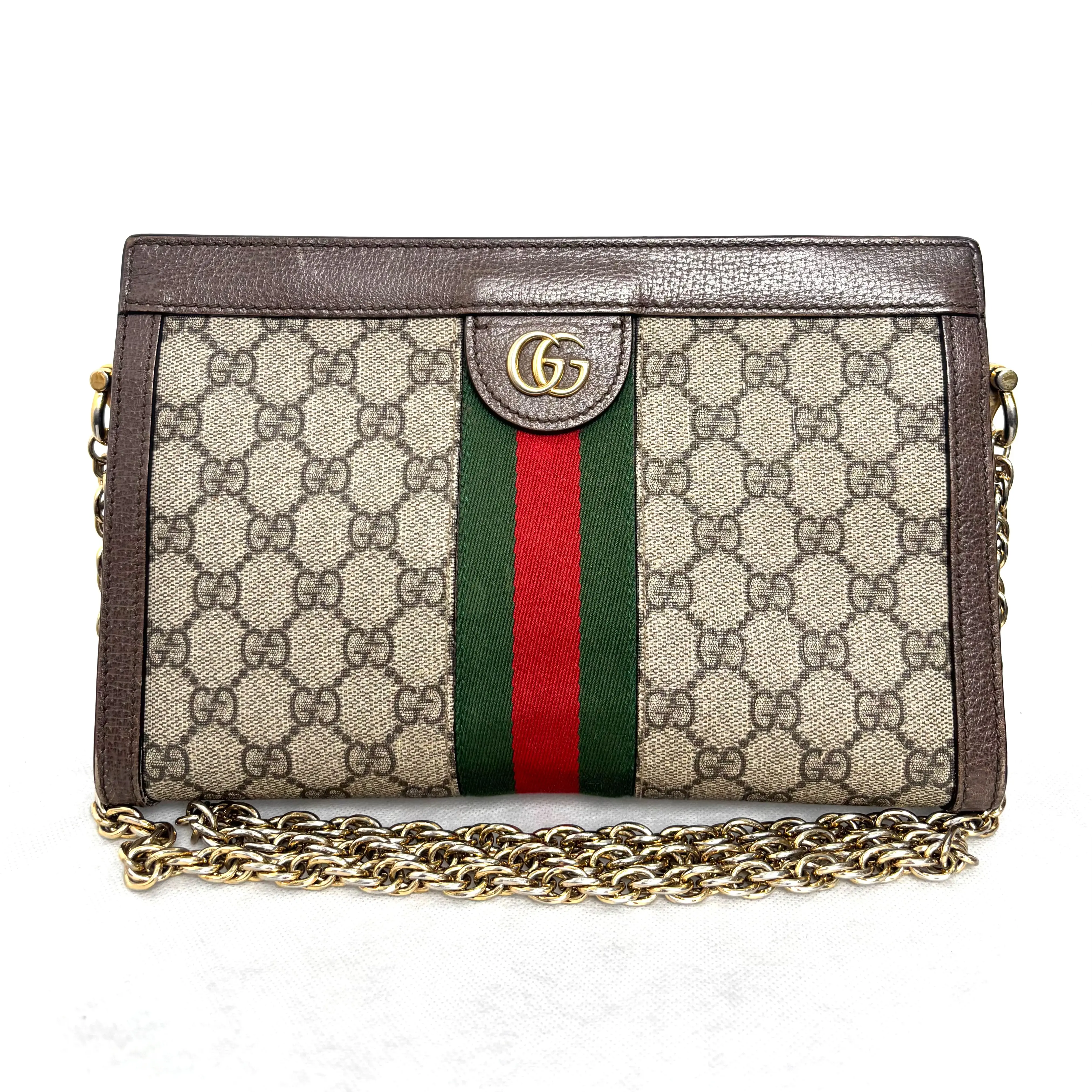 Pre-owned GUCCI Ophidia Collection GG Monogram Crossbody Bag with Web Stripe & Double G Emblem Light Gold Hardware Green Lining
