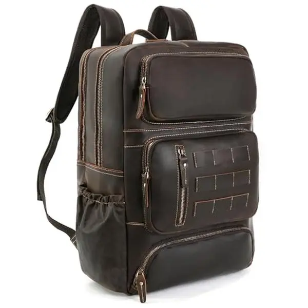 Men's Full Grain Leather Multi Compartment Backpack, 17" Laptop Shoulder Bag, Large Capacity Travel Business Rucksack with YKK Zippers, Ergonomic S-Shape Padded Straps, Water Bottle Pocket, Brown