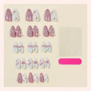 Spring Sweet Girl Cute Teenage Style Press-On Nails, 30 Pcs Cat Eye Full Rhinestones Shiny Elegant, Removable False Nails for Girls