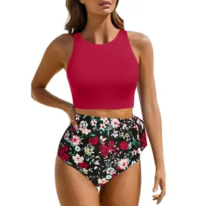 Aqua Eve Women High Waisted Bikini Set Racerback Swimsuit Two Piece Bathing Suit High Neck Swimwear Tankini Outfit Activewear