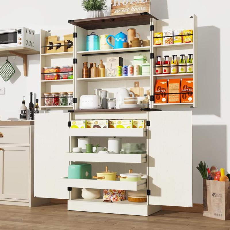 71" with 3 Pack Pull Out Drawers for Cabinets,Farmhouse Storage Cabinet with 6 Door Shelves,with Load-Bearing Steel Pipe,Pantry Organizers for Kitchen,Dining Room, White/brown