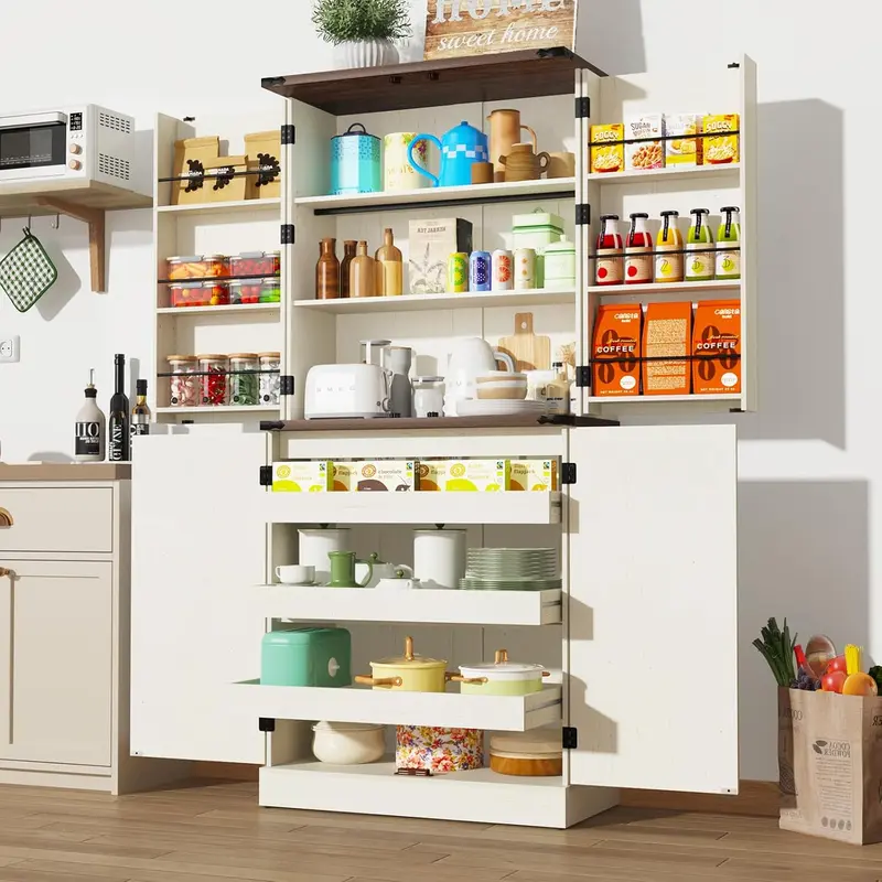 71" with 3 Pack Pull Out Drawers for Cabinets,Farmhouse Storage Cabinet with 6 Door Shelves,with Load-Bearing Steel Pipe,Pantry Organizers for Kitchen,Dining Room, White/brown