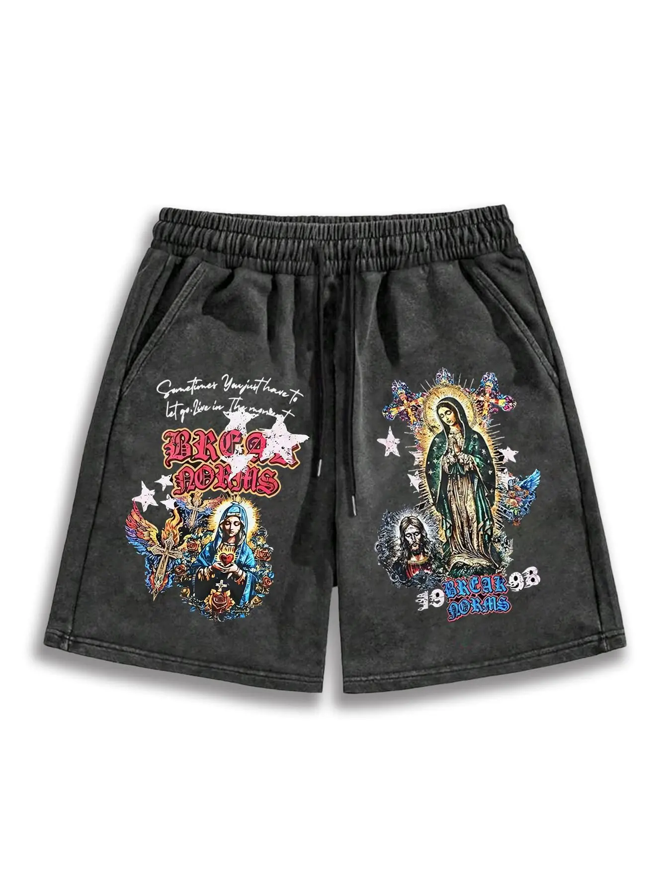 Men's Mary Graphic Print Shorts, Regular Fit Casual Comfy Elastic Waist Shorts, Men's Summer Bottoms for Daily Wear